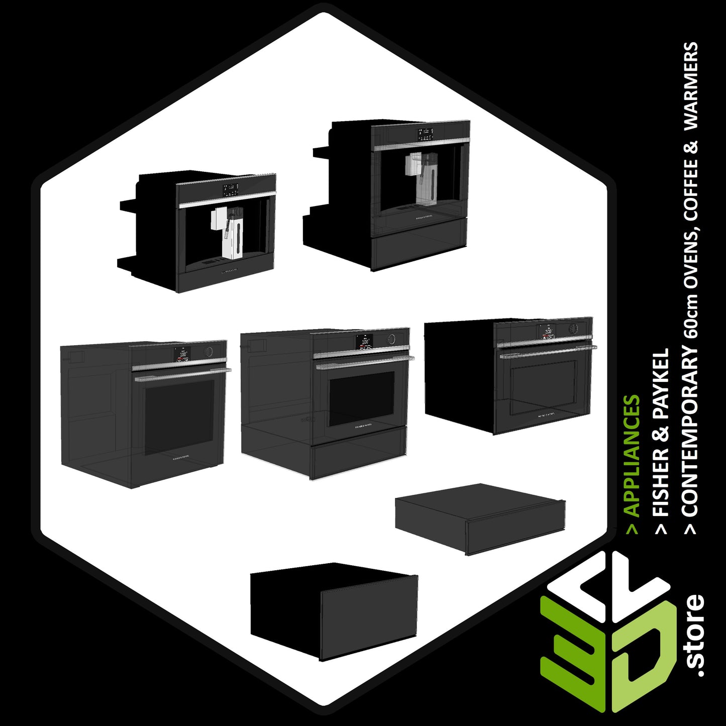 Fisher & Paykel - Contemporary 60cm Oven, Cofee Maker & Warmer  3D Models for Cabinet Vision