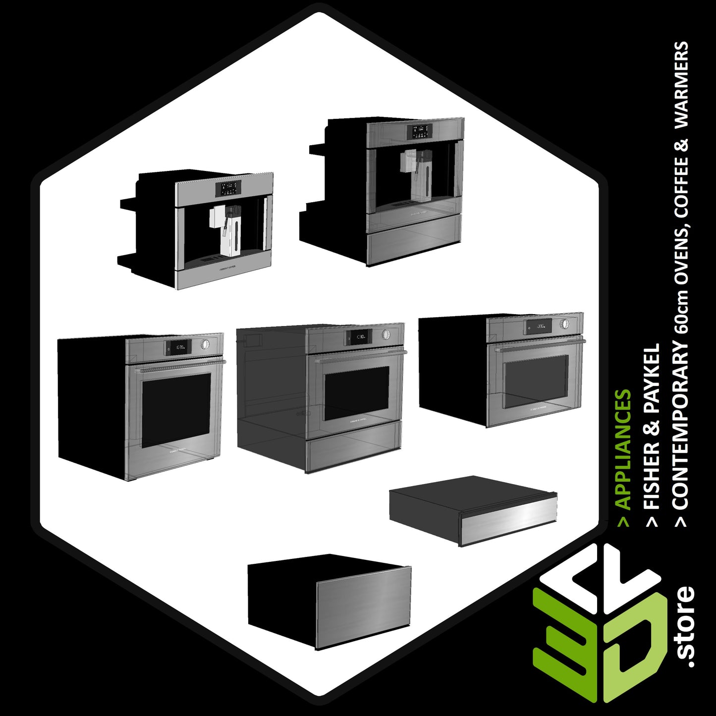 Fisher & Paykel - Contemporary 60cm Oven, Cofee Maker & Warmer  3D Models for Cabinet Vision